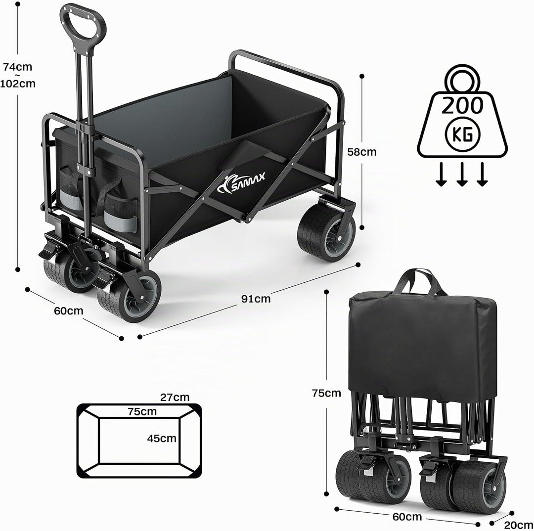 SAMAX Bollerwagen bis 200kg - 2in1 mit Bank - Faltbarer Handwagen Gartenwagen Strandwagen - Klappbar
