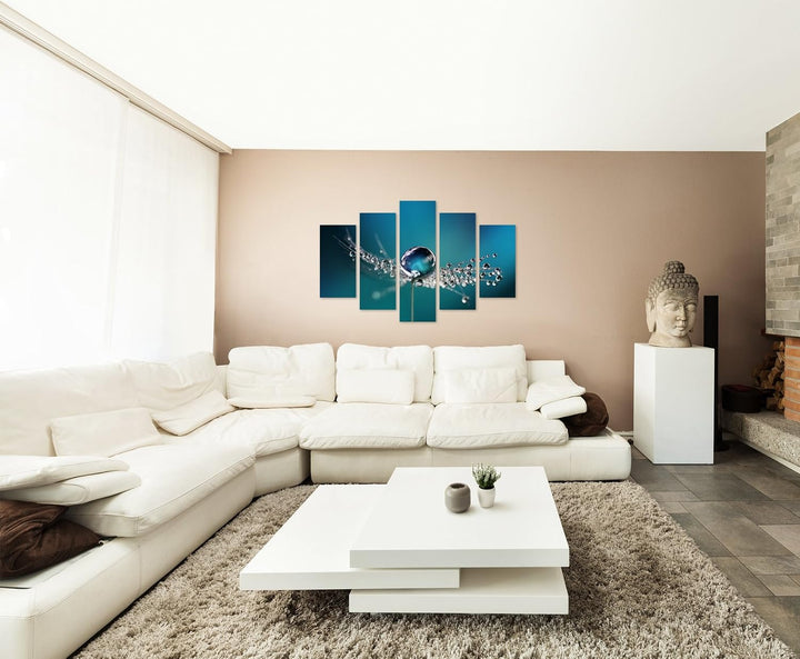 Wandbild 5 teilig Breite 150cm x Höhe 100cm Naturfotografie – Pusteblumen mit Morgentau auf Leinwand