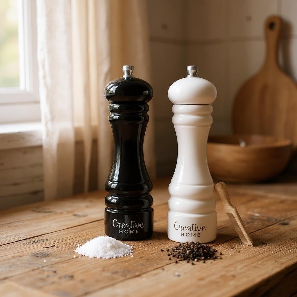 Creative Home Grosse Salz Pfeffermühle Holz | Set von 2 Mühlen Weiss Schwarz mit Mini-Holzschaufel |