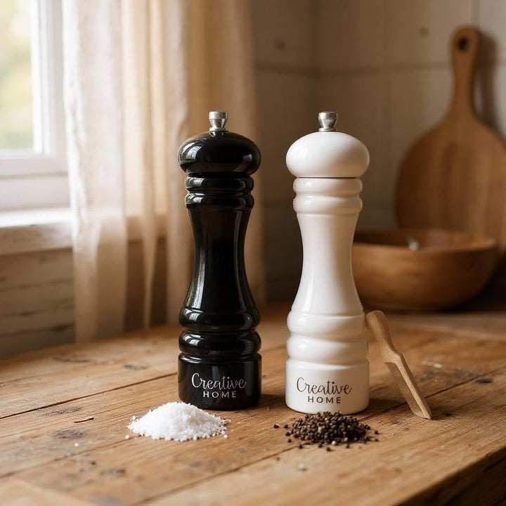 Creative Home Grosse Salz Pfeffermühle Holz | Set von 2 Mühlen Weiss Schwarz mit Mini-Holzschaufel |