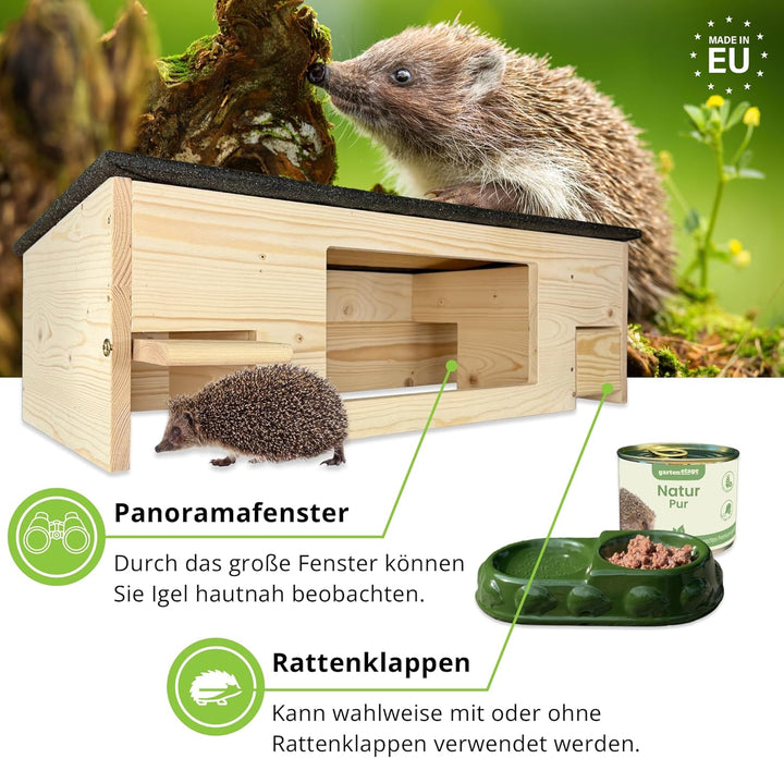 GARTENETAGE Igel-Fütterungsset mit Igelfutterhaus & Beobachtungsfenster – Sicheres Igelfutterhaus mi
