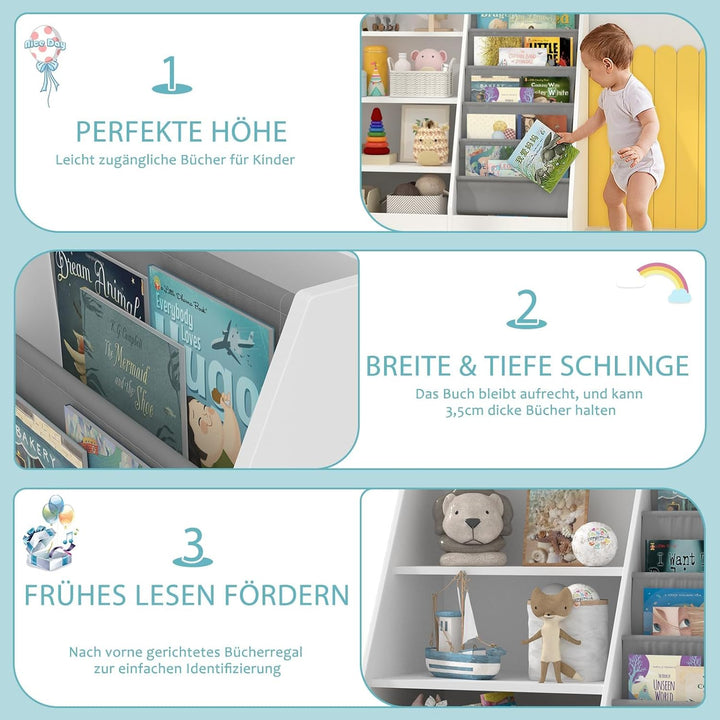 NACHES Kinderregal Bücherregal für Kinder, 90x40x80cm, mit 5 Ablage und 4 offenen Fächern, aus Holz,