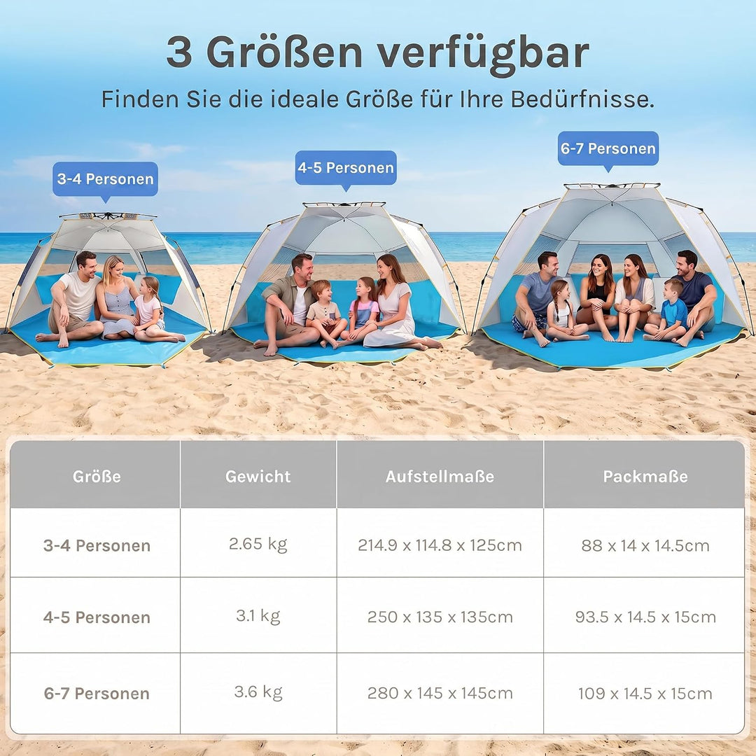 WolfWise Strandmuschel mit Schnellaufbau für 4-5 Personen – UV-Schutz 50+, Wasserabweisend, Privater