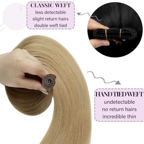 Fshine Echthaar Tressen 60cm 60 Gramm Sew in Hair Extensions zum Einnähen Balayage Golden Brown Fadi