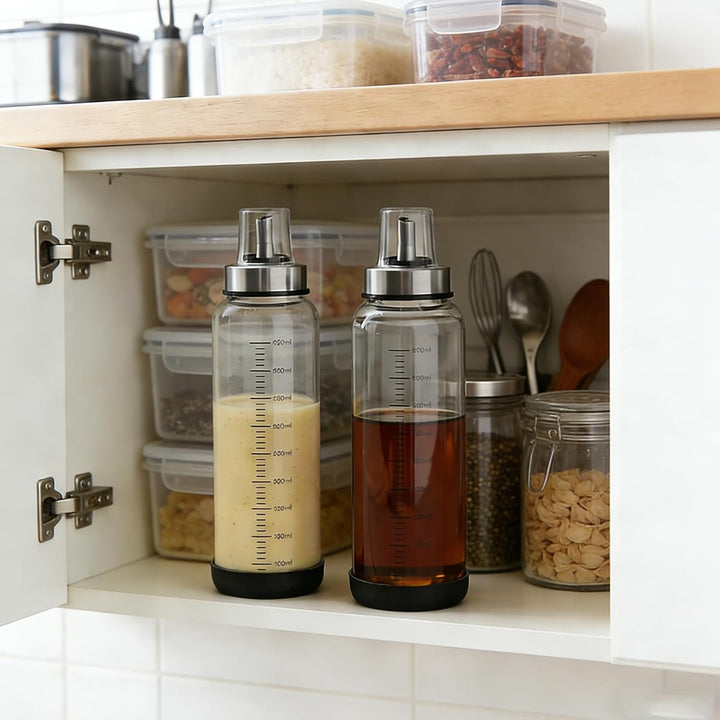 Salatdressing Shaker aus Glas 450 ml 2er Set, Dressingshaker mit Edelstahl Ausgiesser Tropffrei, Sau
