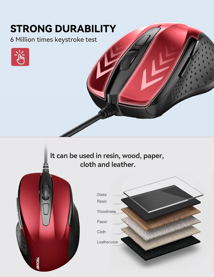 TECKNET Maus mit Kabel, Computermaus mit 6 Tasten, 6400 DPI, Ergonomisches Optical Business Kabelgeb