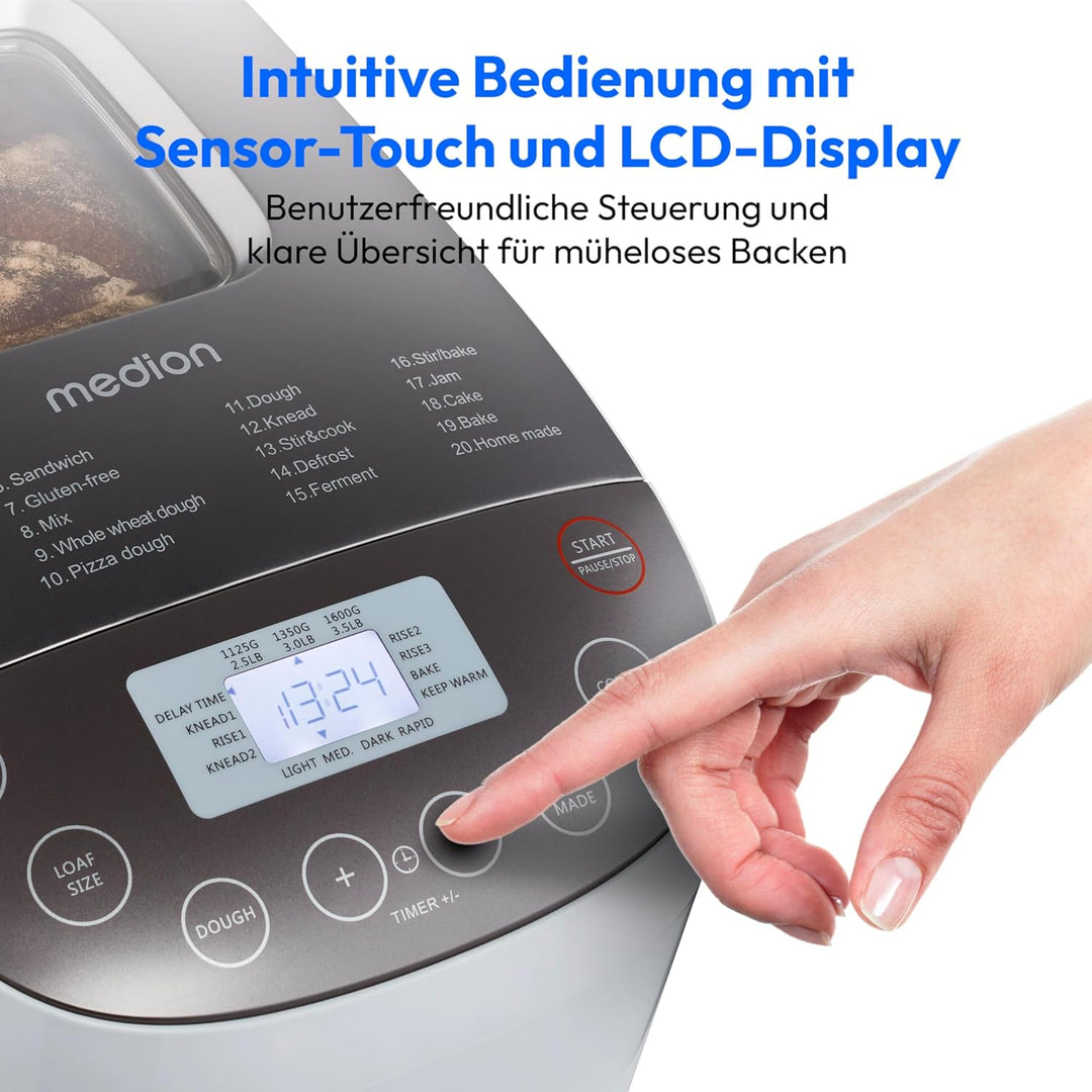 MEDION Brotbackautomat Brotbackmaschine, 950 Watt, bis zu 1600g | 20 Backprogramme, 3 Bräunungsgrade