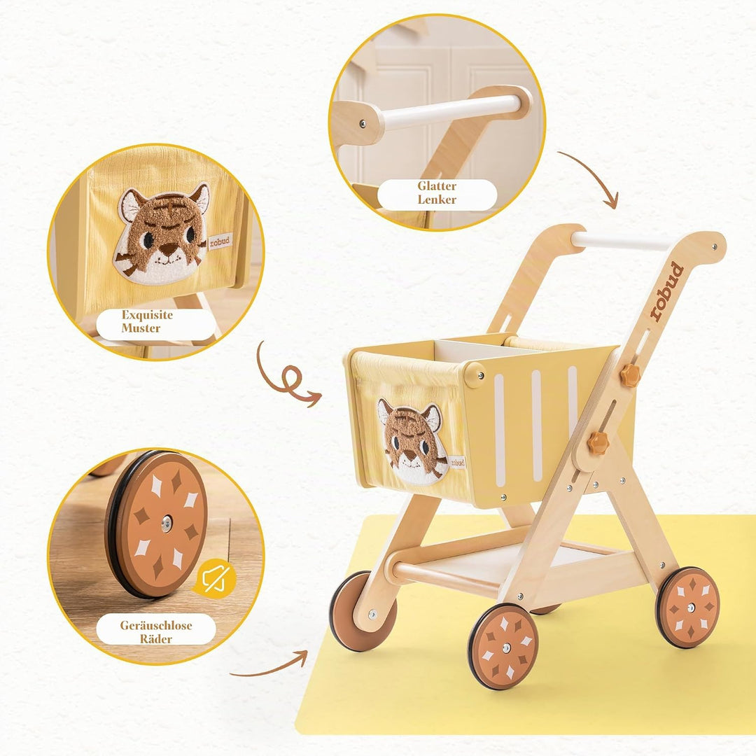 ROBUD Einkaufswagen aus Holz für Mädchen und Jungen, Baby Push Walker, höhenverstellbarer hölzerner