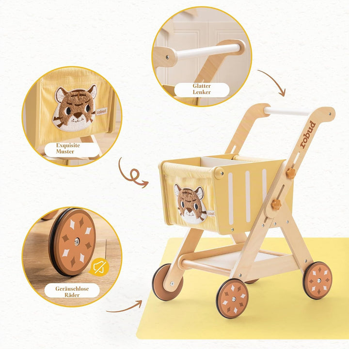 ROBUD Einkaufswagen aus Holz für Mädchen und Jungen, Baby Push Walker, höhenverstellbarer hölzerner