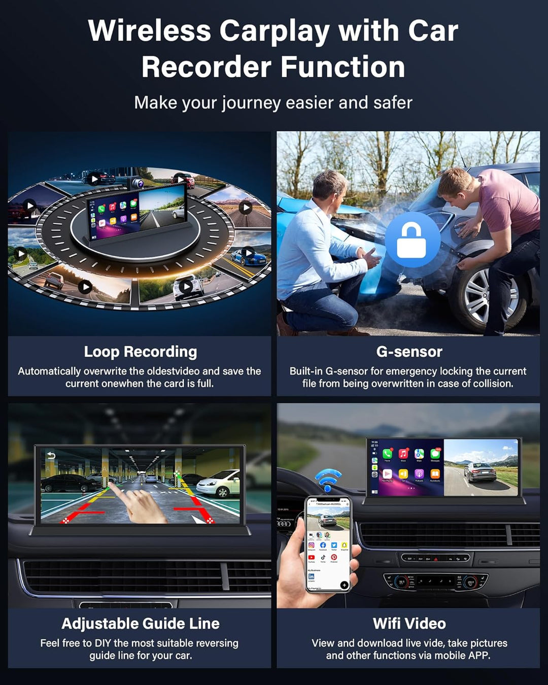 11,3 Zoll Carplay Android Auto Display mit Stehende Halterung, 350° Drehbare 4K Dashcam Buddy Displa