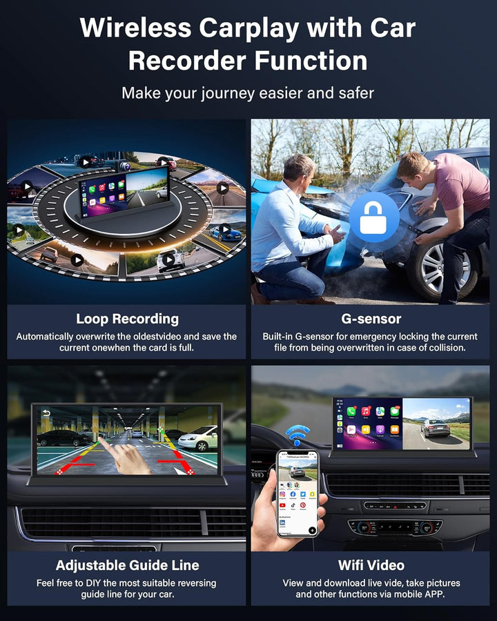 11,3 Zoll Carplay Android Auto Display mit Stehende Halterung, 350° Drehbare 4K Dashcam Buddy Displa
