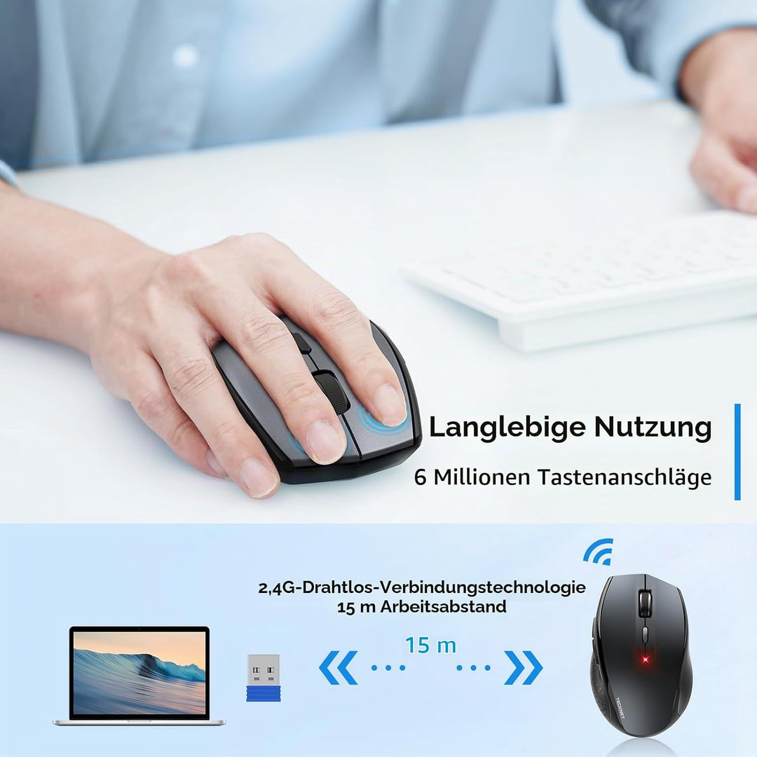 TECKNET Silent Maus Kabellose, 4800DPI 2.4GHz Leise Funkmaus mit Nano Empfänger, Side Control, Ohne