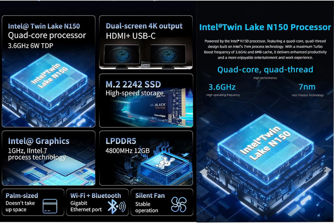 youyeetoo BY53 Mini PC, Intel N150 CPU - up to 3.6GHz, 12GB LPDDR5 4800MHz RAM, 0GB - 512GB M.2 NVME