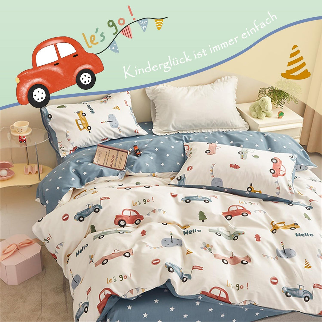 Freyamy Kleinkinder-Bettwäsche-Set 135x200,Cartoon Kinderbettwäsche für Mädchen Jungen,Autos Wendemo