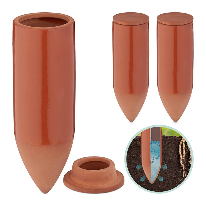 Relaxdays Tonkegel Bewässerung, 3er Set, 330ml, Giesshilfe Zimmerpflanzen, Balkonkästen, Giesskegel