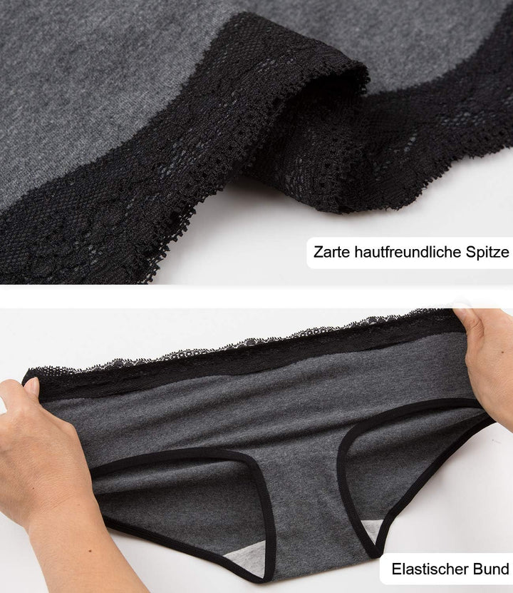 INNERSY Unterhosen Damen Baumwolle Slips mit Spitze Bequeme Hipster Unterwäsche Mehrpack 6, Schwarz/