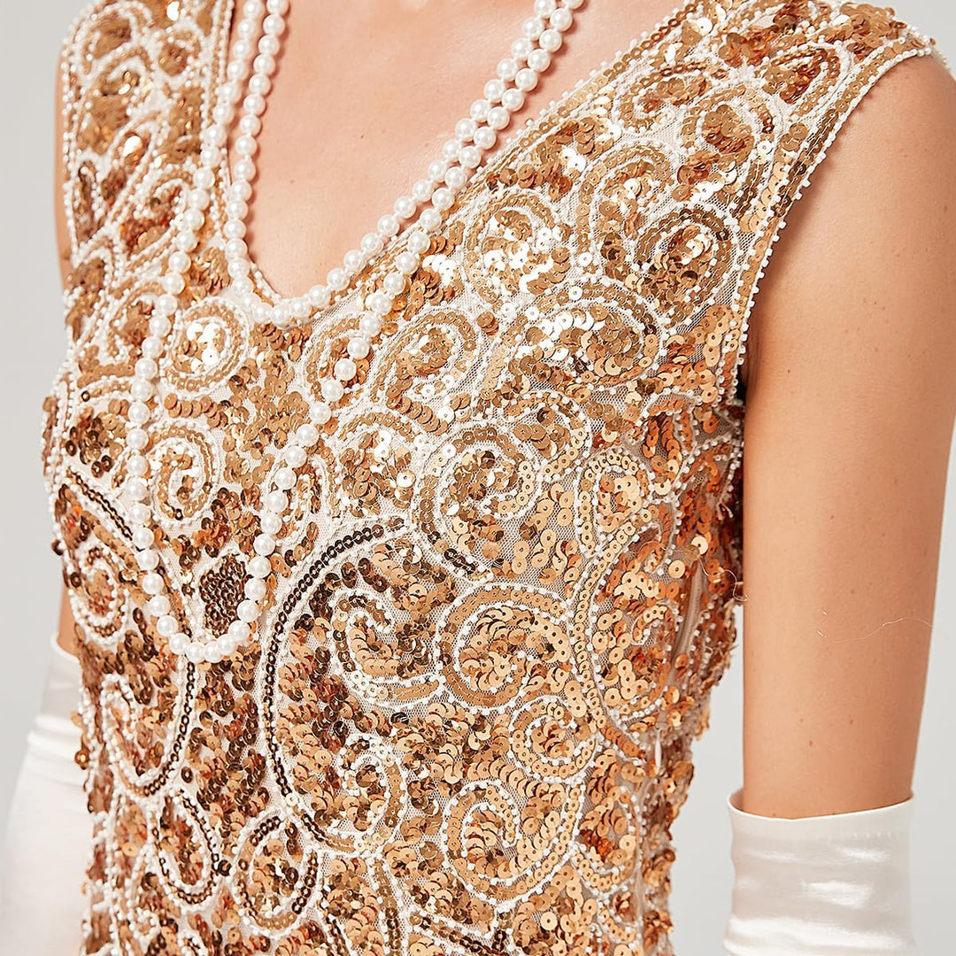 FYMNSI Damen 1920er Jahre V-Ausschnitt Pailletten Fransen Kleid Flapper Charleston Kleider Cocktailk