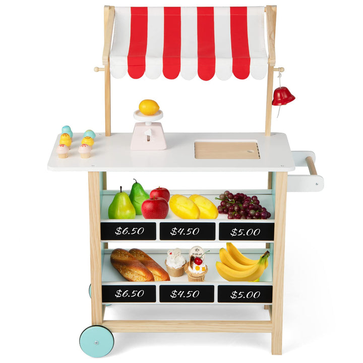COSTWAY Kinder Eiswagen mit 6 Eiscreme, Kaufladen Holz mit 2 Ablagen, Einkaufswagen auf Rollen, inkl