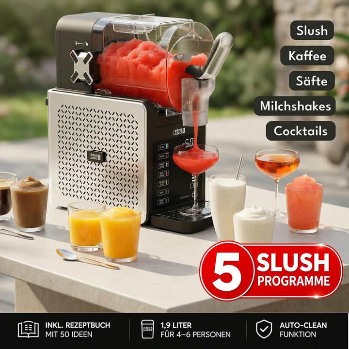 LEBENLANG Premium Slush Maschine 2L - 5 Modi & 15 Min QuickFreeze I Inkl. Rezeptbuch & Auto-Reinigun