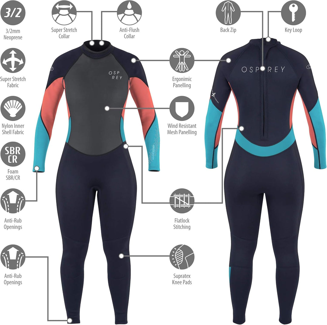 Osprey Damen-Neoprenanzug, volle Länge, 3 mm, für Erwachsene, Neopren, Surfen, Tauchen, Null, Korall