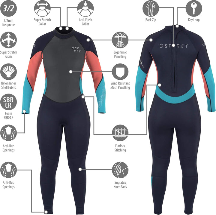 Osprey Damen-Neoprenanzug, volle Länge, 3 mm, für Erwachsene, Neopren, Surfen, Tauchen, Null, Korall