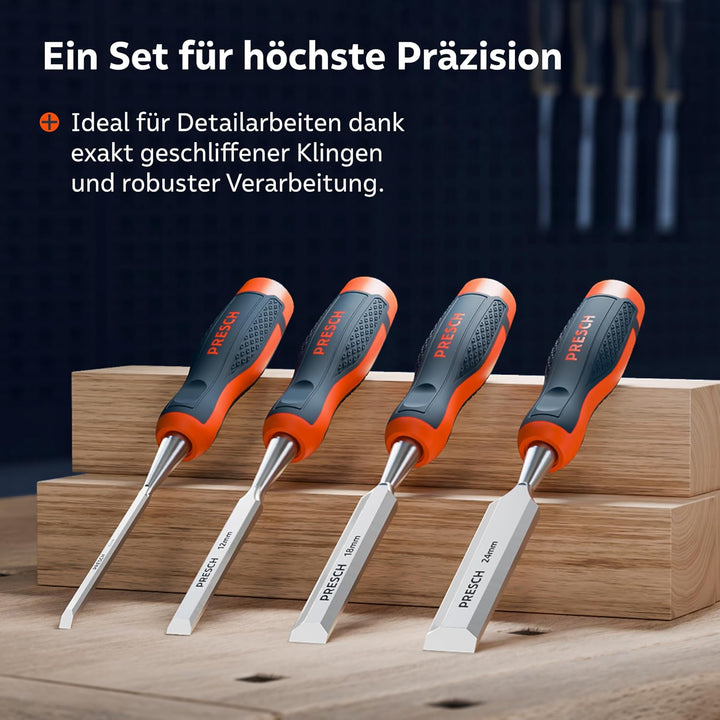 Presch Stechbeitel Set für Holz 4tlg. - Scharfes Stecheisen Set (6mm, 12mm, 18mm, 24mm) - Profi Beit