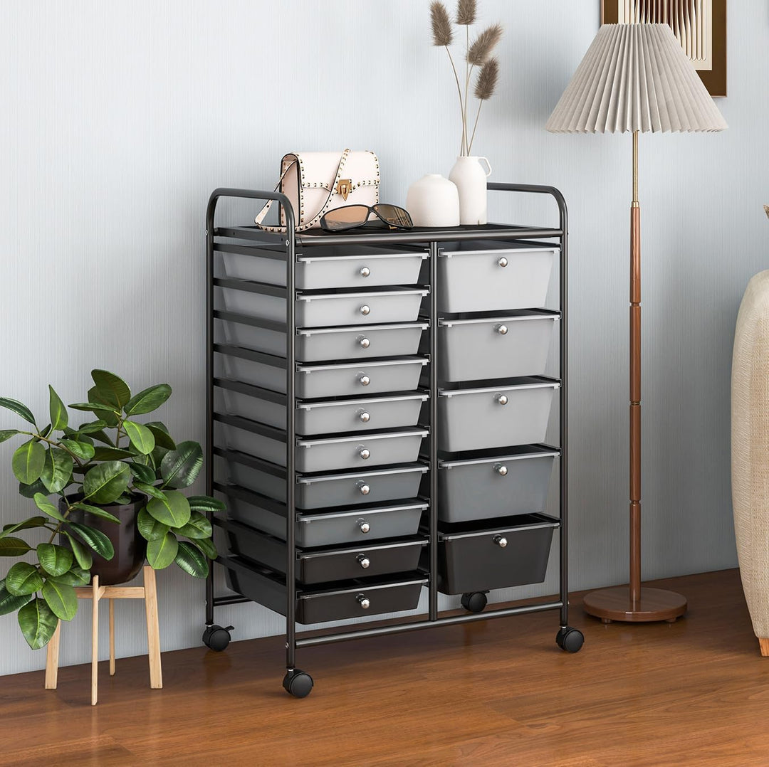 KOMFOTTEU Rollwagen mit 10/15 Schubladen stapelbar, Badrollwagen Rollcontainer mit Metallrahmen, All