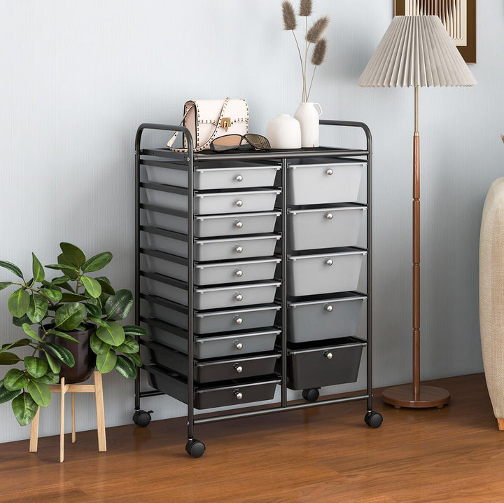 KOMFOTTEU Rollwagen mit 10/15 Schubladen stapelbar, Badrollwagen Rollcontainer mit Metallrahmen, All