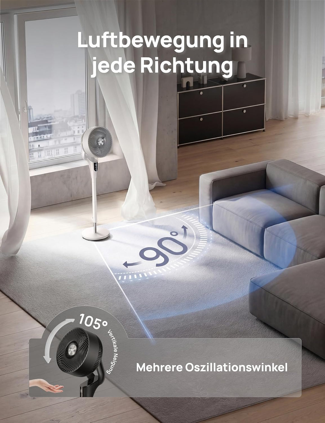 Dreo Leiser Standventilator, 1444m³/h Luftvolumen oszillierende Ventilator, 3 Stufen 6H Timer Turmve