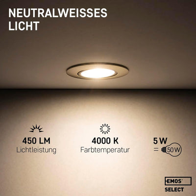 Emos LED Einbaustrahler 230V, 5W / 450lm, 50° schwenkbar, neutralweiss 4000k | Einbaustrahler LED Sp