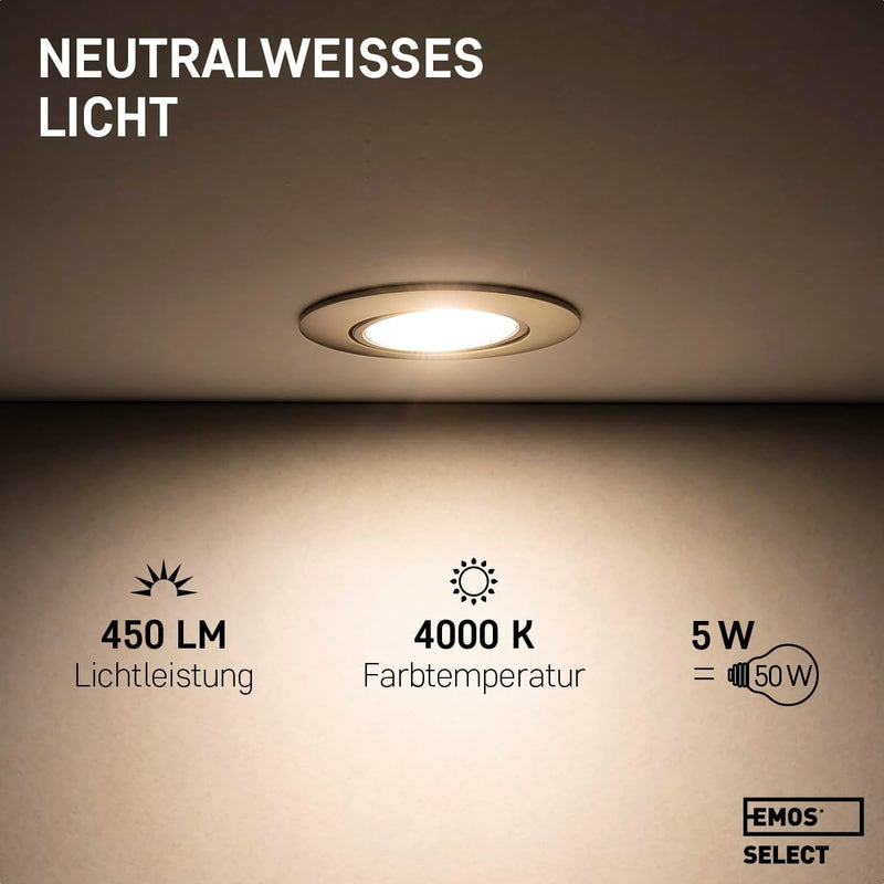 Emos LED Einbaustrahler 230V, 5W / 450lm, 50° schwenkbar, neutralweiss 4000k | Einbaustrahler LED Sp