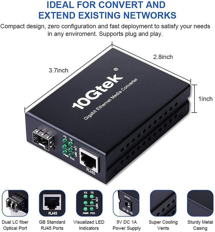 10Gtek® Gigabit Ethernet Medienkonverter, SFP Slot mit SFP SX Modul, Multi-Mode Dual LC Faser, 850nm