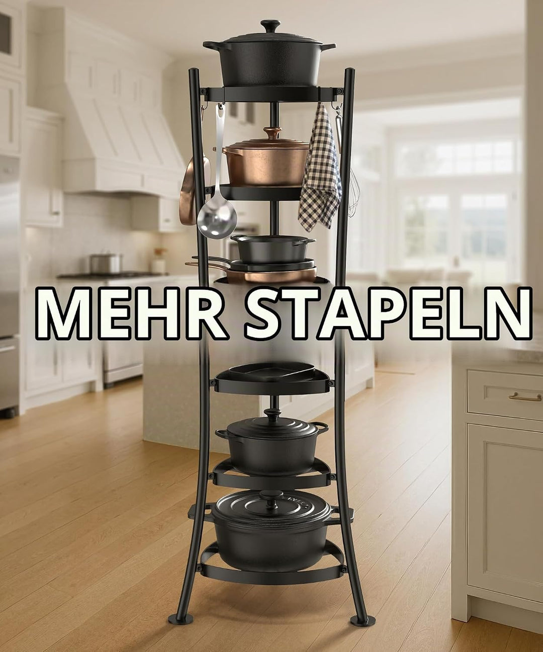 KES Freistehendes 6-Etagen Topf- und Pfannenregal aus Gusseisen, 120 kg Tragfähigkeit, mit 6 Haken,
