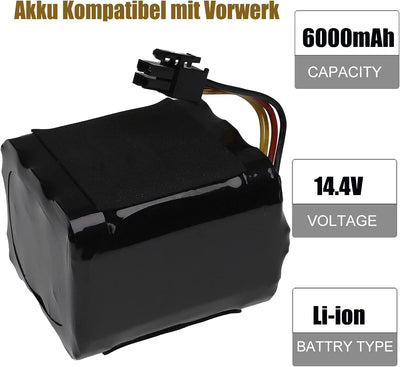 14.4V 6000mAh Ersatz Akku kompatibel mit Vorwerk Kobold VR200, Staubsauger Home Cleaner Heimroboter,