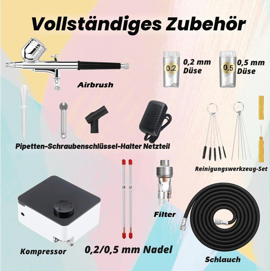 ABEST Airbrush Kit mit 33PSI einstellbarem Luftkompressor, Dual-Action Airbrush mit 0.2/0.3/0.5mm Dü