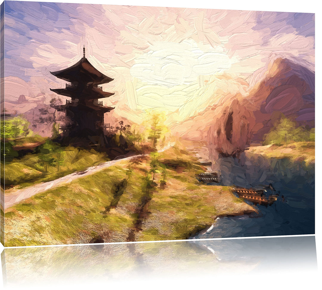Pixxprint asiatischer Tempel an Fluss als Leinwandbild/Grösse: 100x70 / Wandbild/Kunstdruck/fertig b