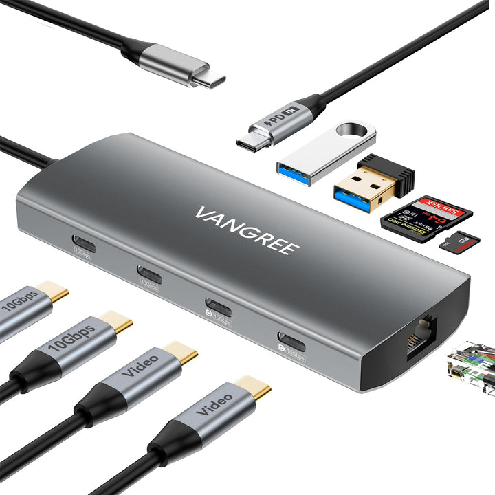 USB-C-Hub mit Dual 4K@60Hz DisplayPorts, 2× USB-A & 2× USB-C 3.2 (10Gbps), Gigabit-Ethernet, 100W PD