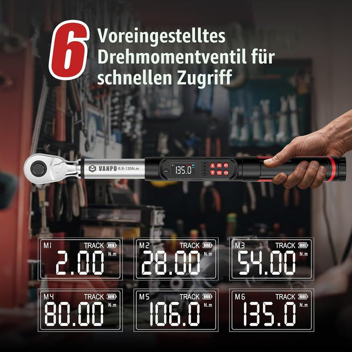 VANPO Digitaler Drehmomentschlüssel 3/8 Zoll, 2–135 Nm, ±2% Genauigkeit, Elektronischer Drehmomentsc