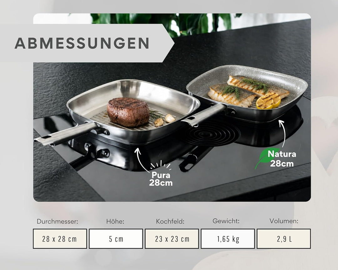 DIVORY Grillpfanne gerillt Induktion 28 x 28cm, Steakpfanne beschichtet aus Edelstahl mit Keramikbes