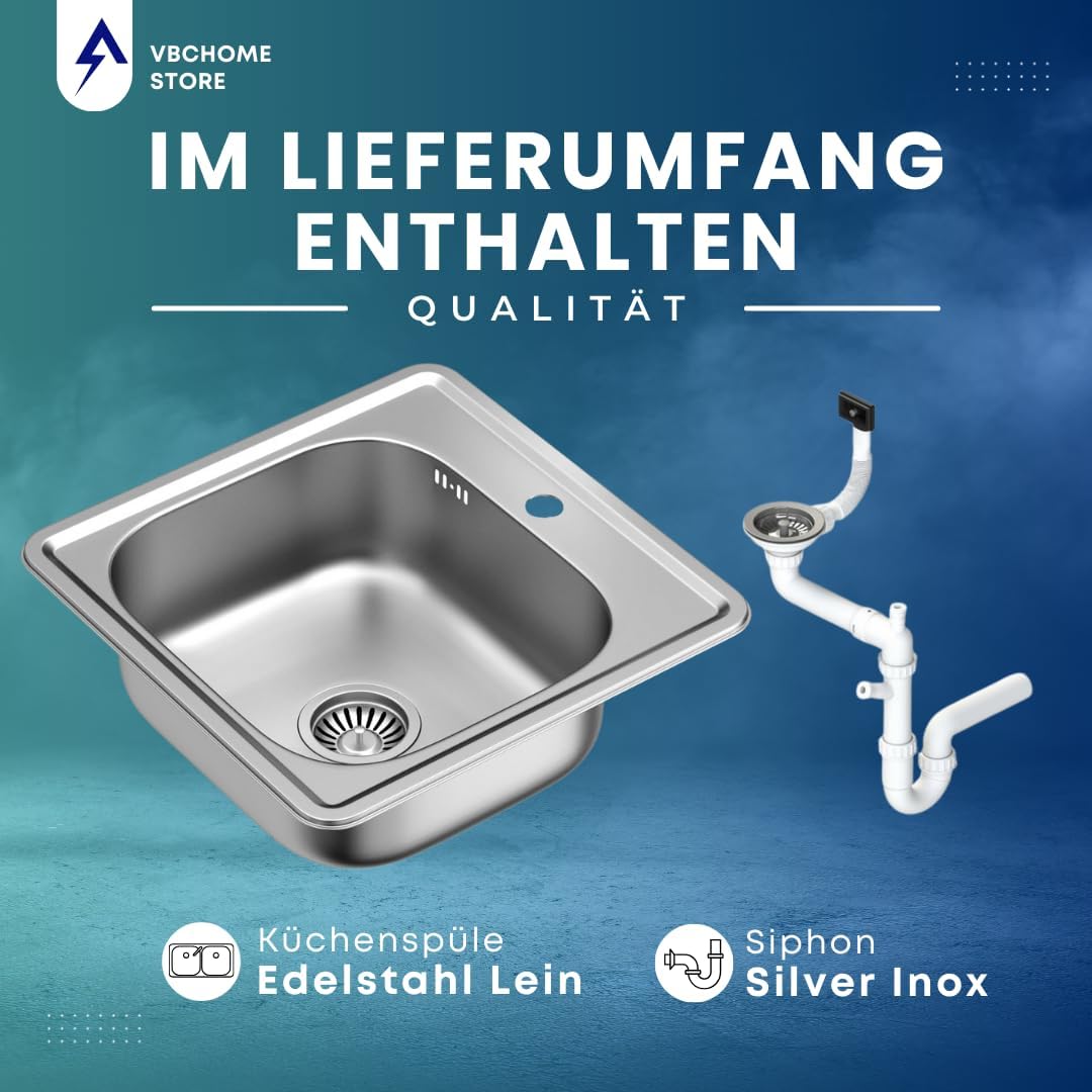 VBChome Edelstahlspülbecken 48x48 cm – Satinierte Oberfläche, Hochwertiger Edelstahl Inox, Tiefe Spü