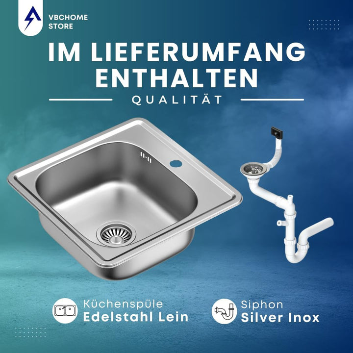 VBChome Edelstahlspülbecken 48x48 cm – Satinierte Oberfläche, Hochwertiger Edelstahl Inox, Tiefe Spü