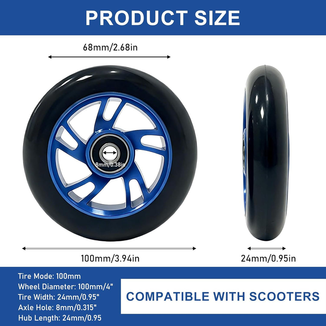 2 Stück 100mm Stunt Scooter Rollen Reifen Mit Felgen Aus Aluminiumlegierung Und Anti-Blockier, Scoot