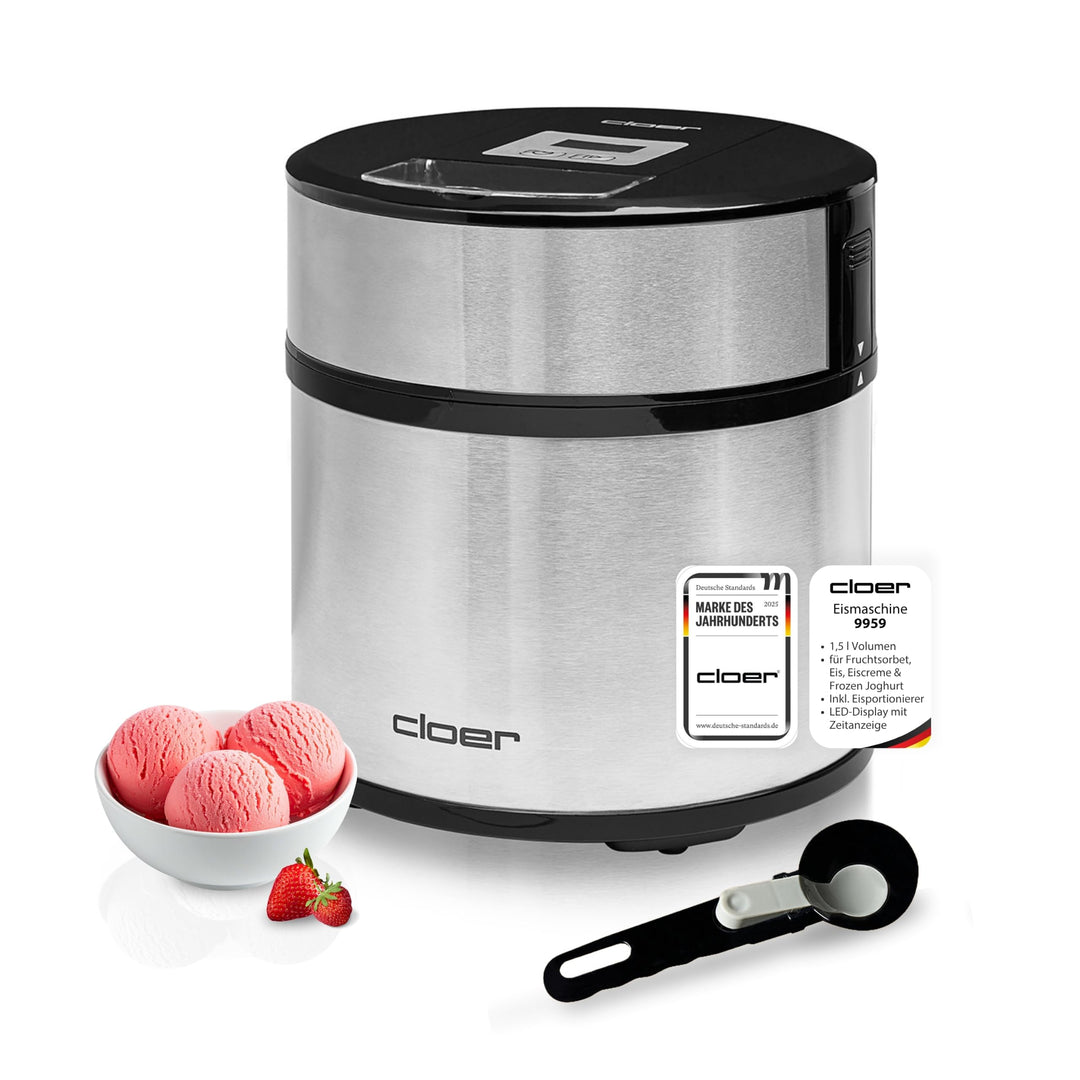 Cloer 9959 Eismaschine für Eis Creme, Eis, Frozen Joghurt und Sorbet, 1,5 l Fassungsvermögen, LED-Di