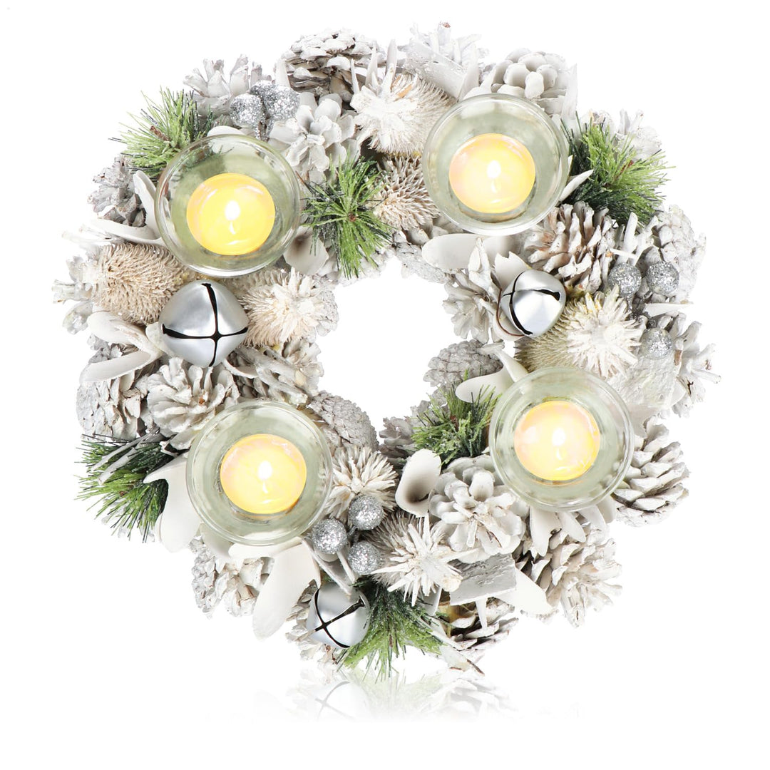 COM-FOUR® Tischkranz für Weihnachten - weisser Adventskranz mit Glitzer - Dekokranz mit 4 Teelichtha