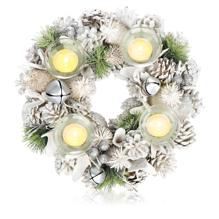 COM-FOUR® Tischkranz für Weihnachten - weisser Adventskranz mit Glitzer - Dekokranz mit 4 Teelichtha