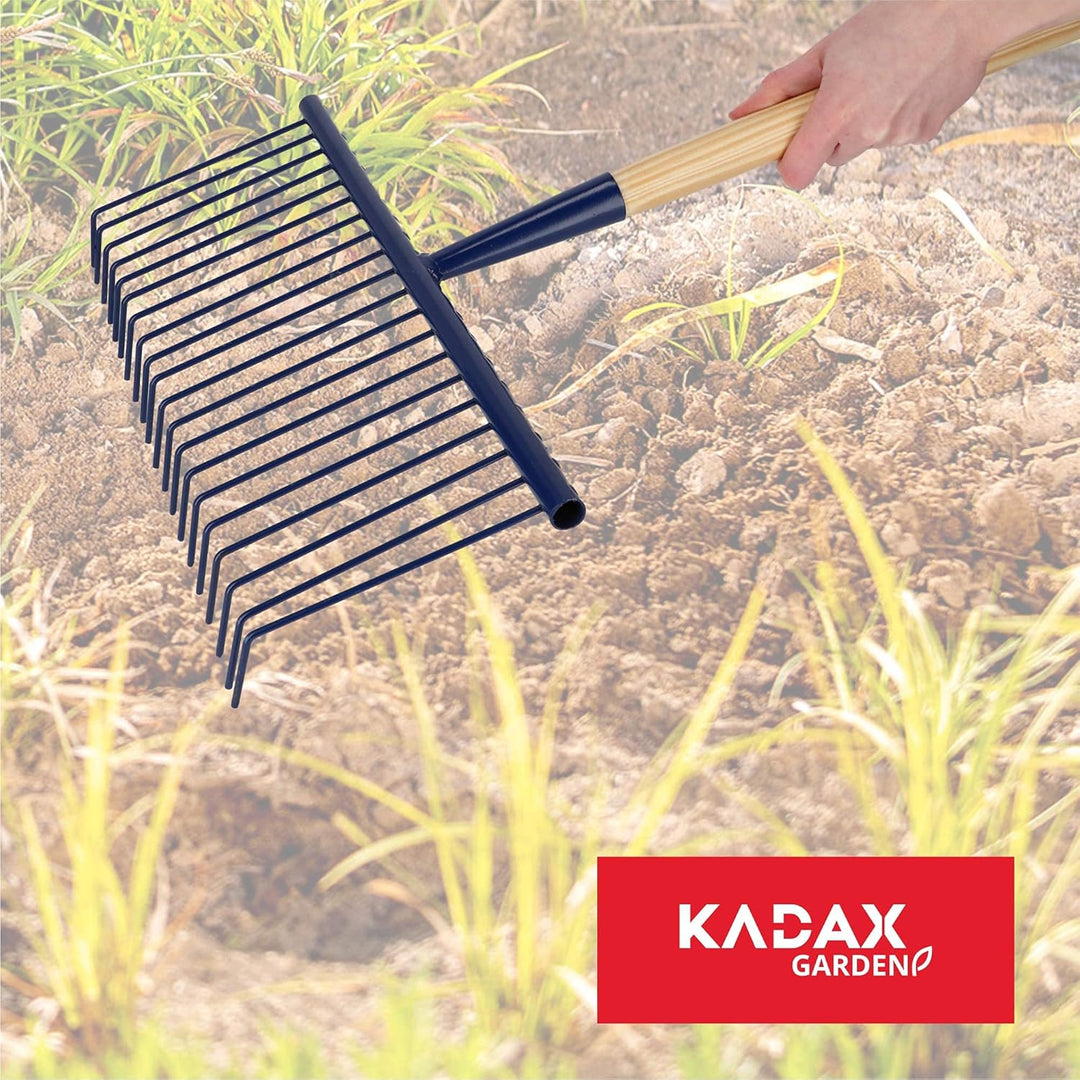 KADAX Rechen aus Stahldraht, breite Harke mit langem Stiel aus Holz, Langzahnrechen, federleichte Ga