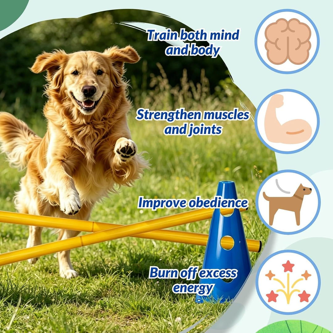 8er Agility Set für Hunde, 8 Kegel + 4 Stangen Steckhürdenset | Einstellbare Trainingshürden 24cm Hö