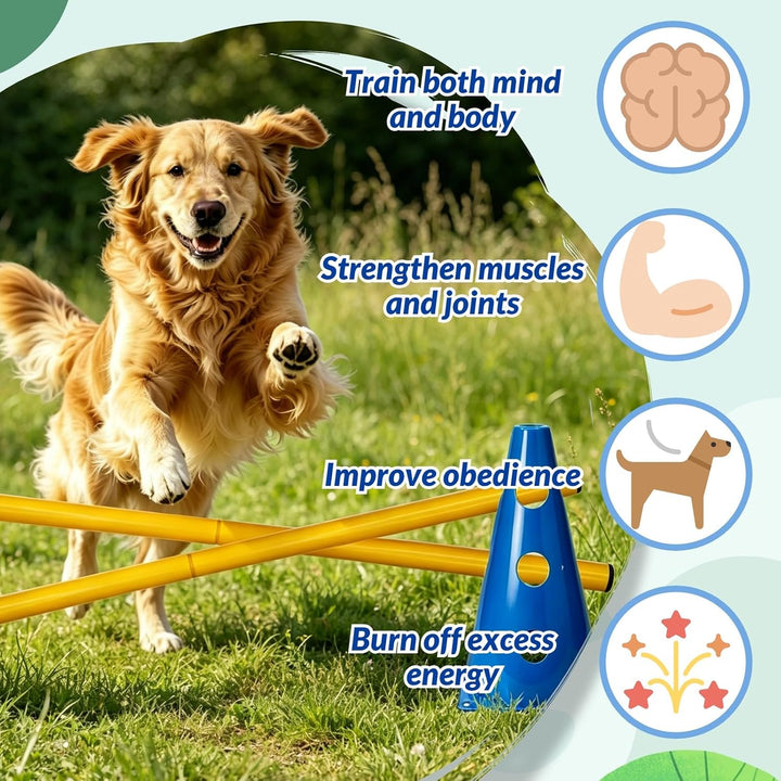 8er Agility Set für Hunde, 8 Kegel + 4 Stangen Steckhürdenset | Einstellbare Trainingshürden 24cm Hö
