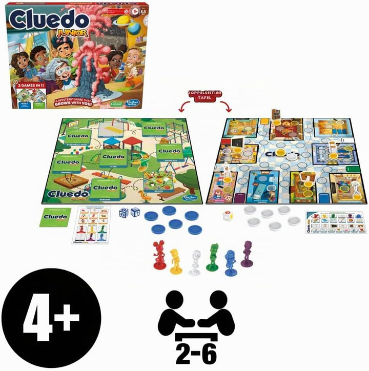 Clue Junior Spiel, 2-seitiges Spielbrett, 2 Spiele in 1, Clue Mystery Spiel für jüngere Kinder, Kind