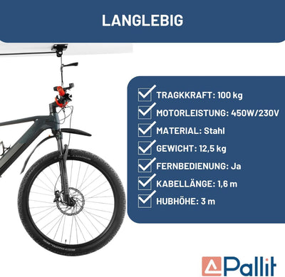 Pallit Elektrischer Fahrradlift BIKELIFT | 100 kg Tragkraft | 3000 mm Hubhöhe | Fahrradhalterung für